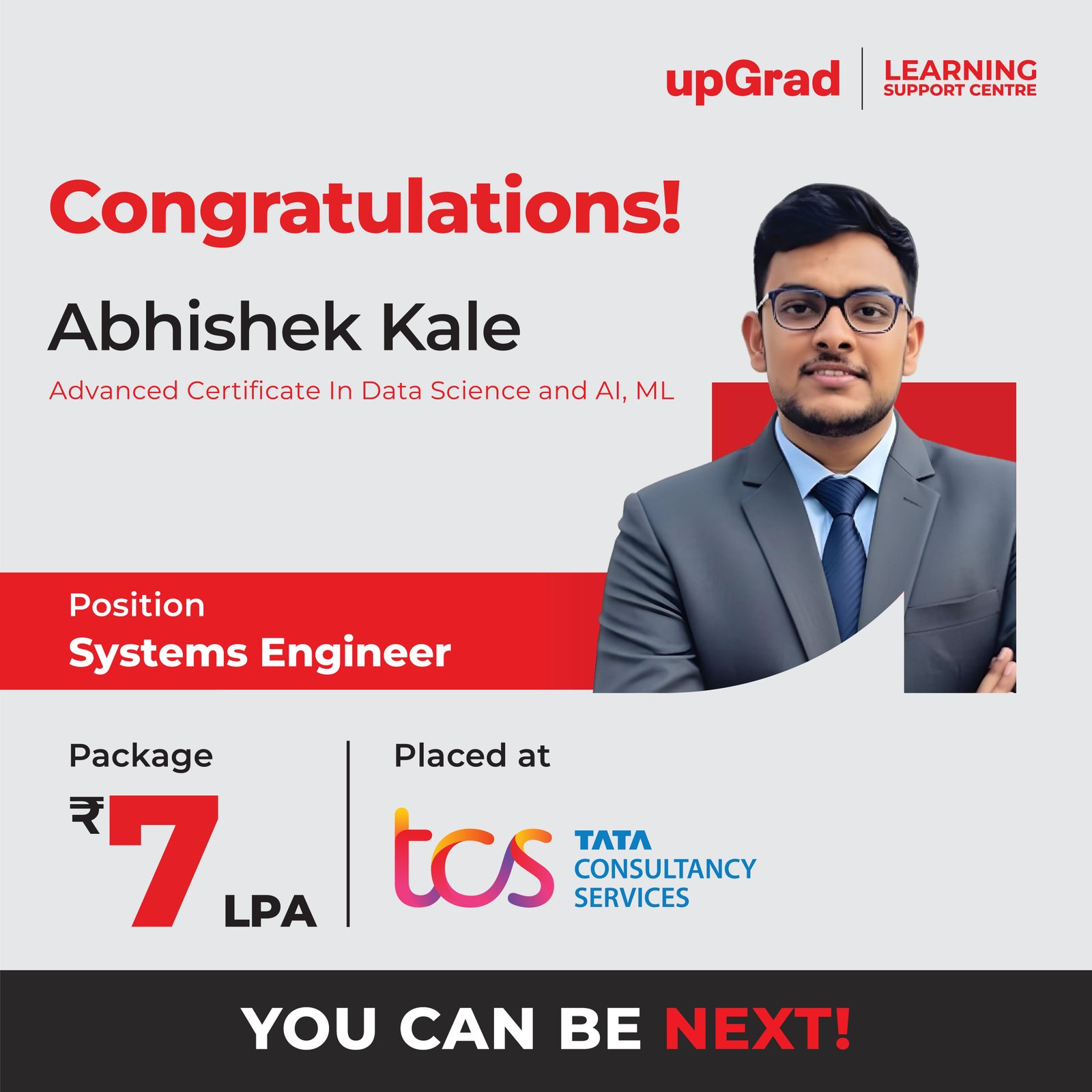 Abhishek Kale (also) was placed at TCS as a Systems Engineer with a package of 7 LPA.